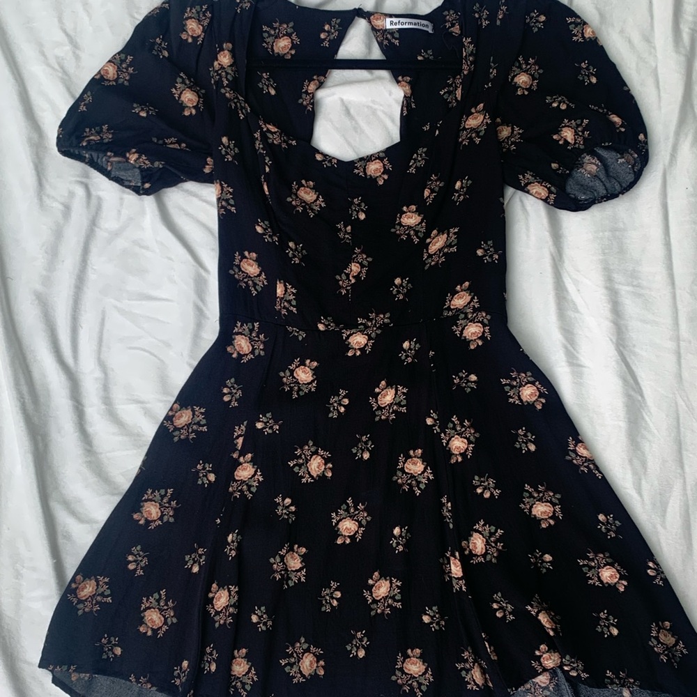 Reformation Puff Sleeve Floral Dress in Black